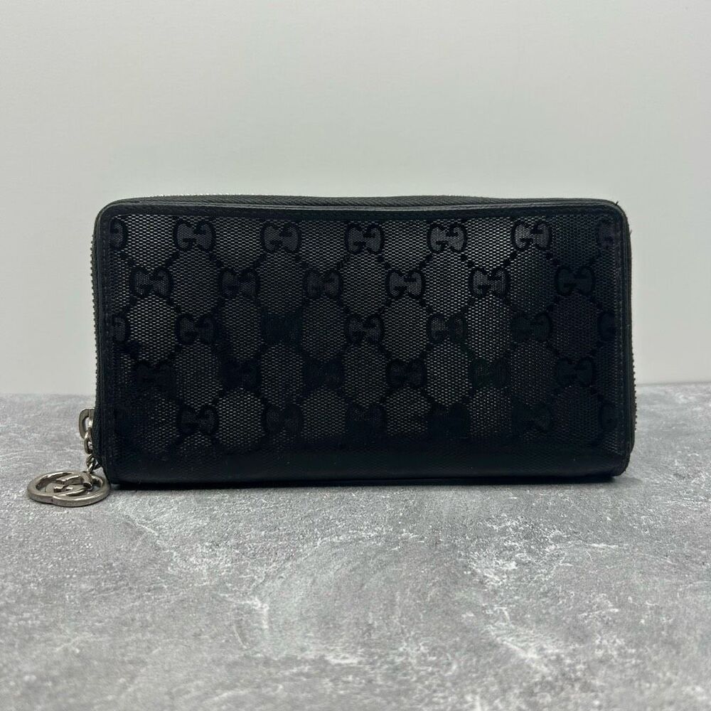 Gucci GG Imprime Monogram Black Long Wallet Zip Around Coated Canvas